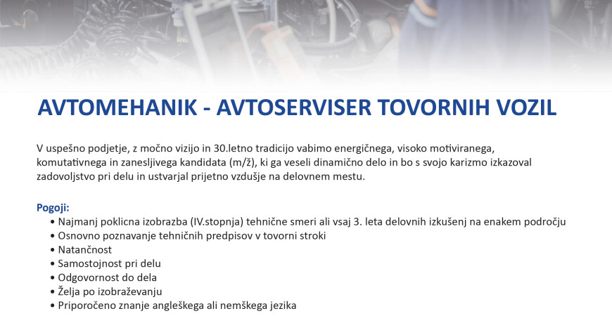 Prosto delovno mesto - avtoserviser tovornih vozil